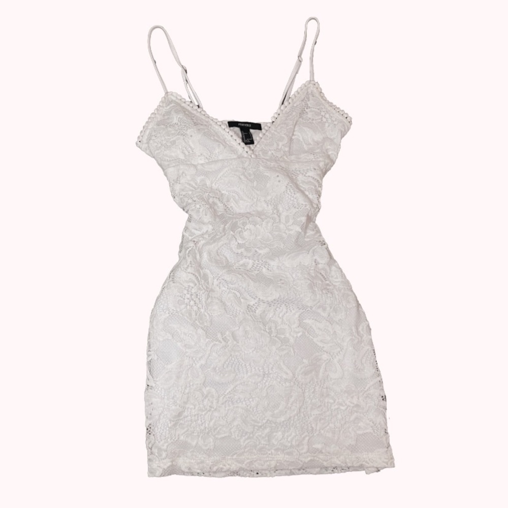White lace mini dress with dotted trim